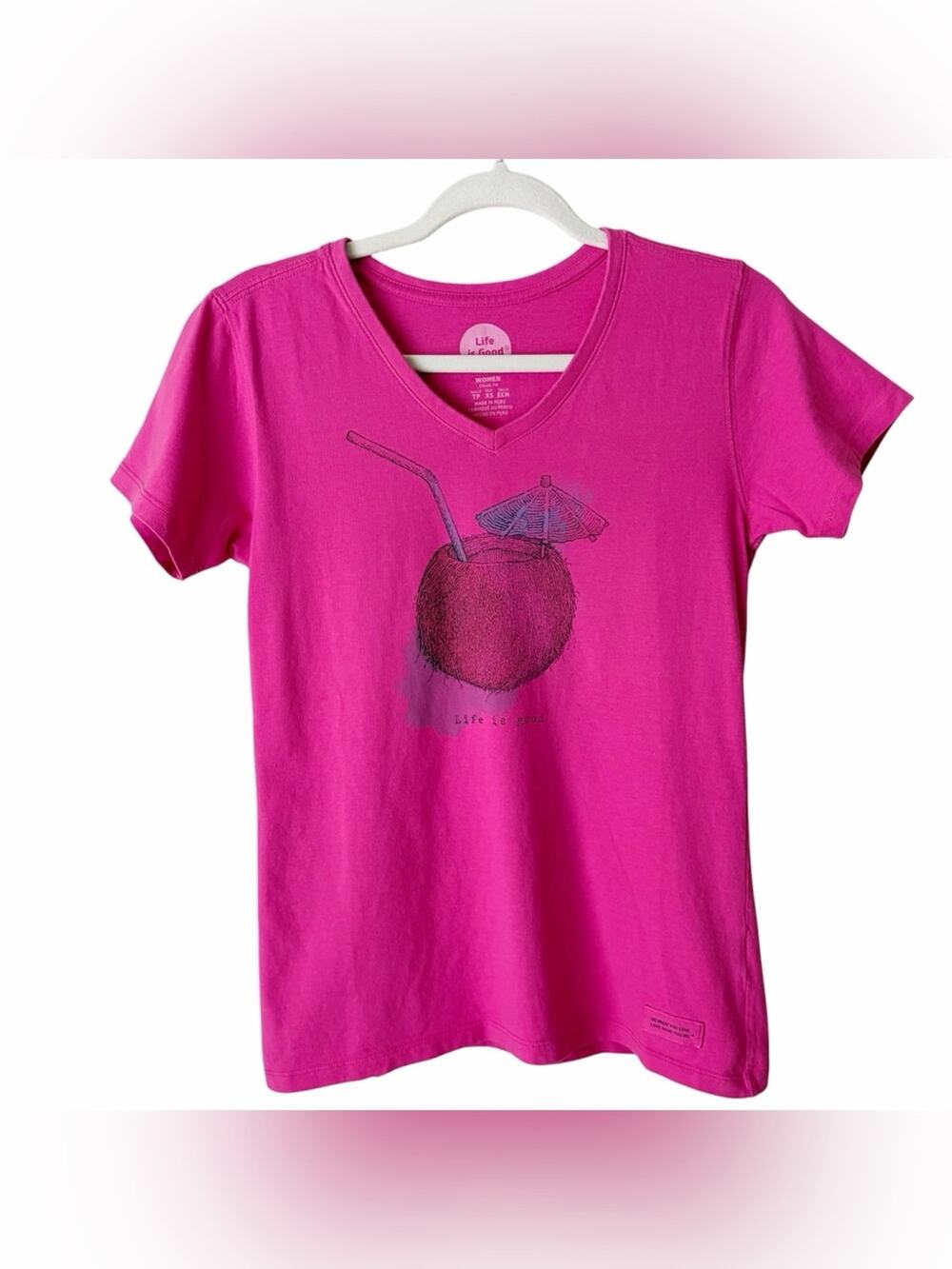 Life Is Good | Women’s V-neck Tee Shirt Tropical Coconut Drink Pink XS